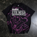 A black t-shirt with a neon pink line-art graphic featuring a character and the word INVINCIBLE.