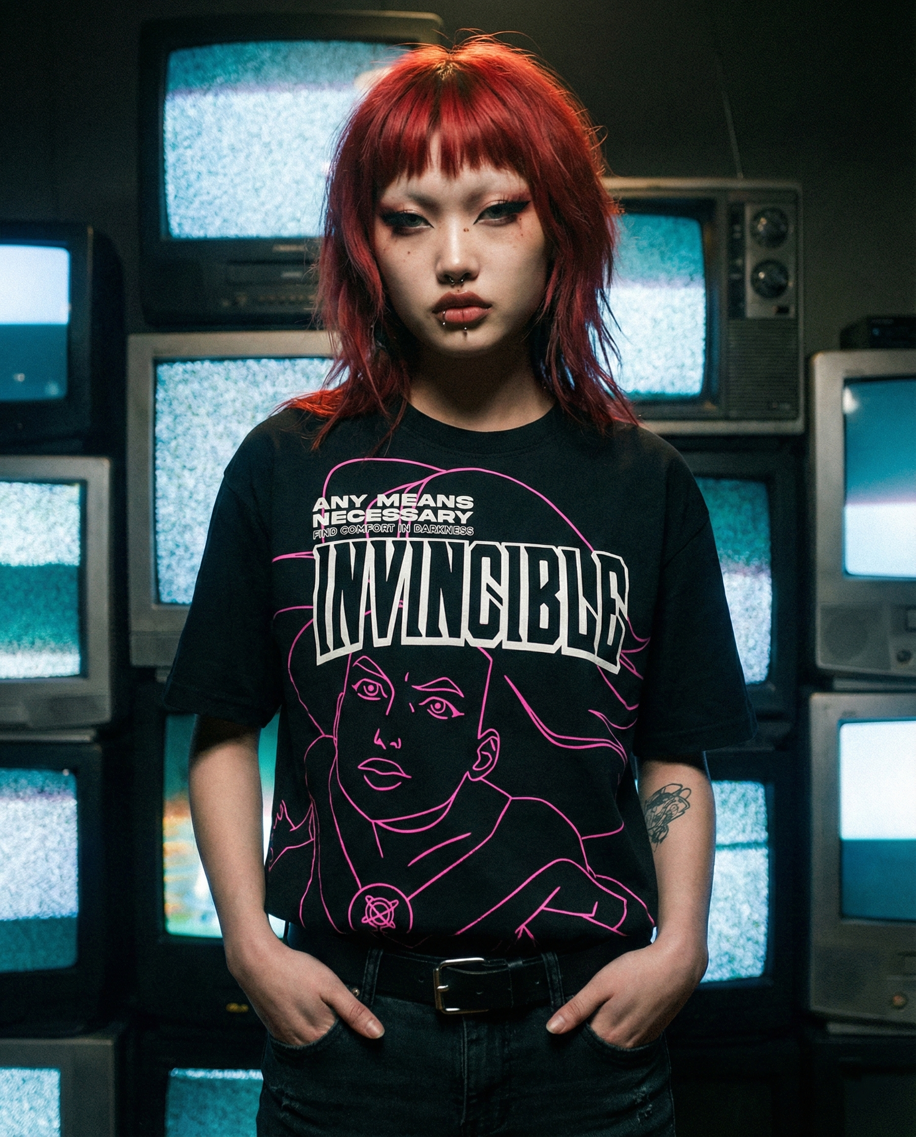Invincible Atom Line Art T-Shirt in Black and Neon Pink - Image 2