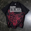 Close up of black t-shirt with red Invincible Battle Beast line art graphic