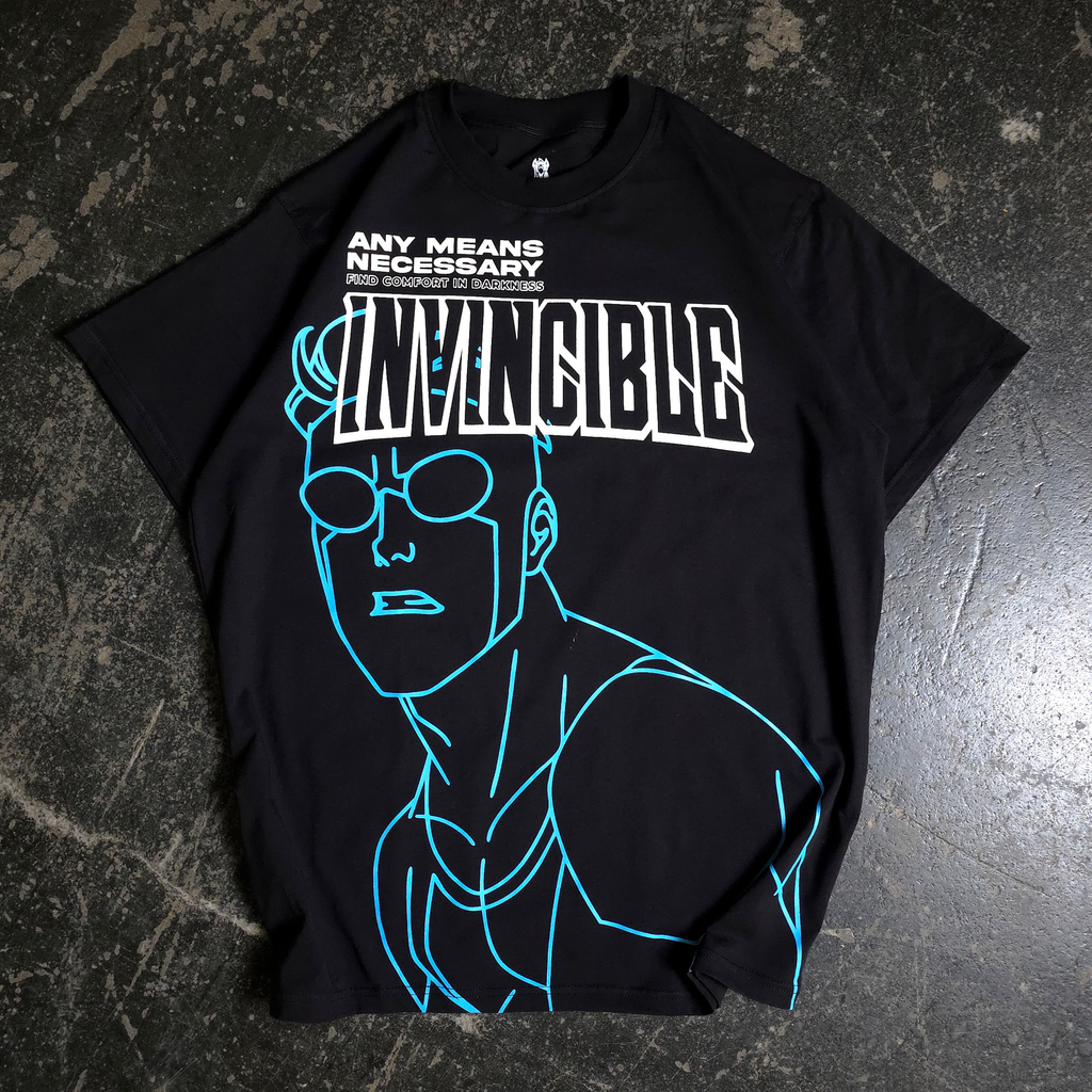 A black short-sleeve graphic t-shirt featuring neon blue line art of the character Invincible from the front.
