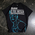 A black short-sleeve graphic t-shirt featuring neon blue line art of the character Invincible from the front.