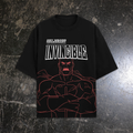 Black t-shirt featuring a red Omni-Man line art graphic and white Invincible logo on the front.