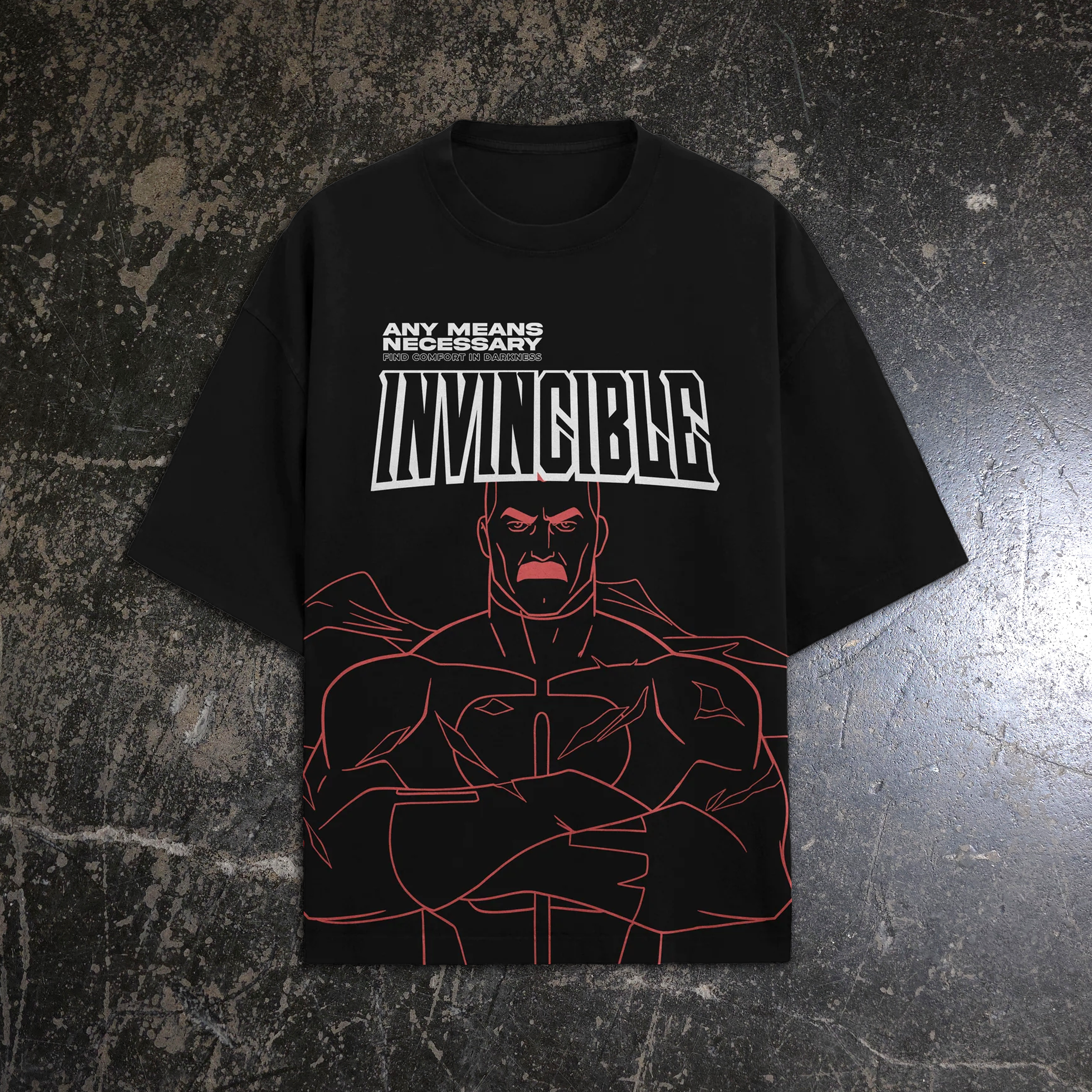 Black t-shirt featuring a red Omni-Man line art graphic and white Invincible logo on the front.