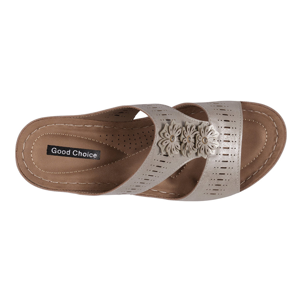 Lisette Perforated Ice T-Strap Flower Wedge Sandals