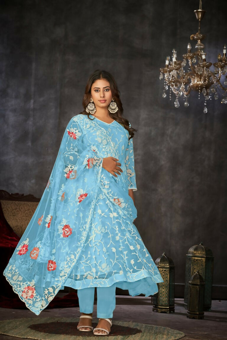 Women's Sky Blue Net Embroidered Anarkali Kurta Pant Set