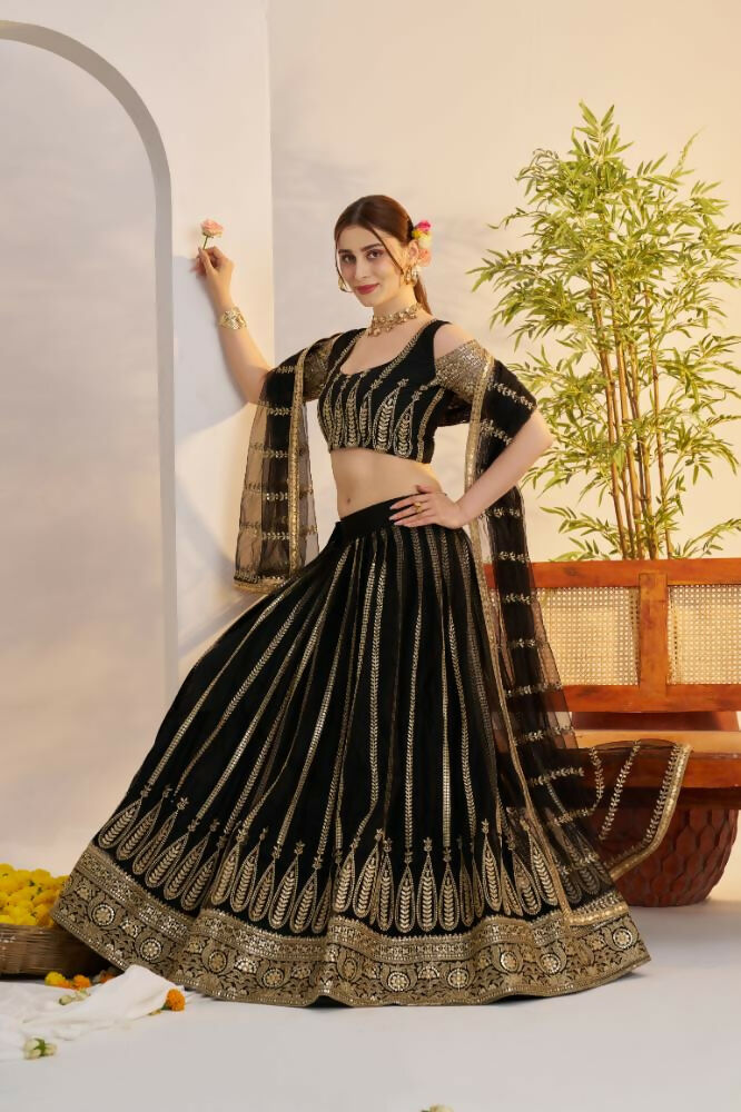 Black Butterfly Net Lehenga with Zari and Cotton Thread Work