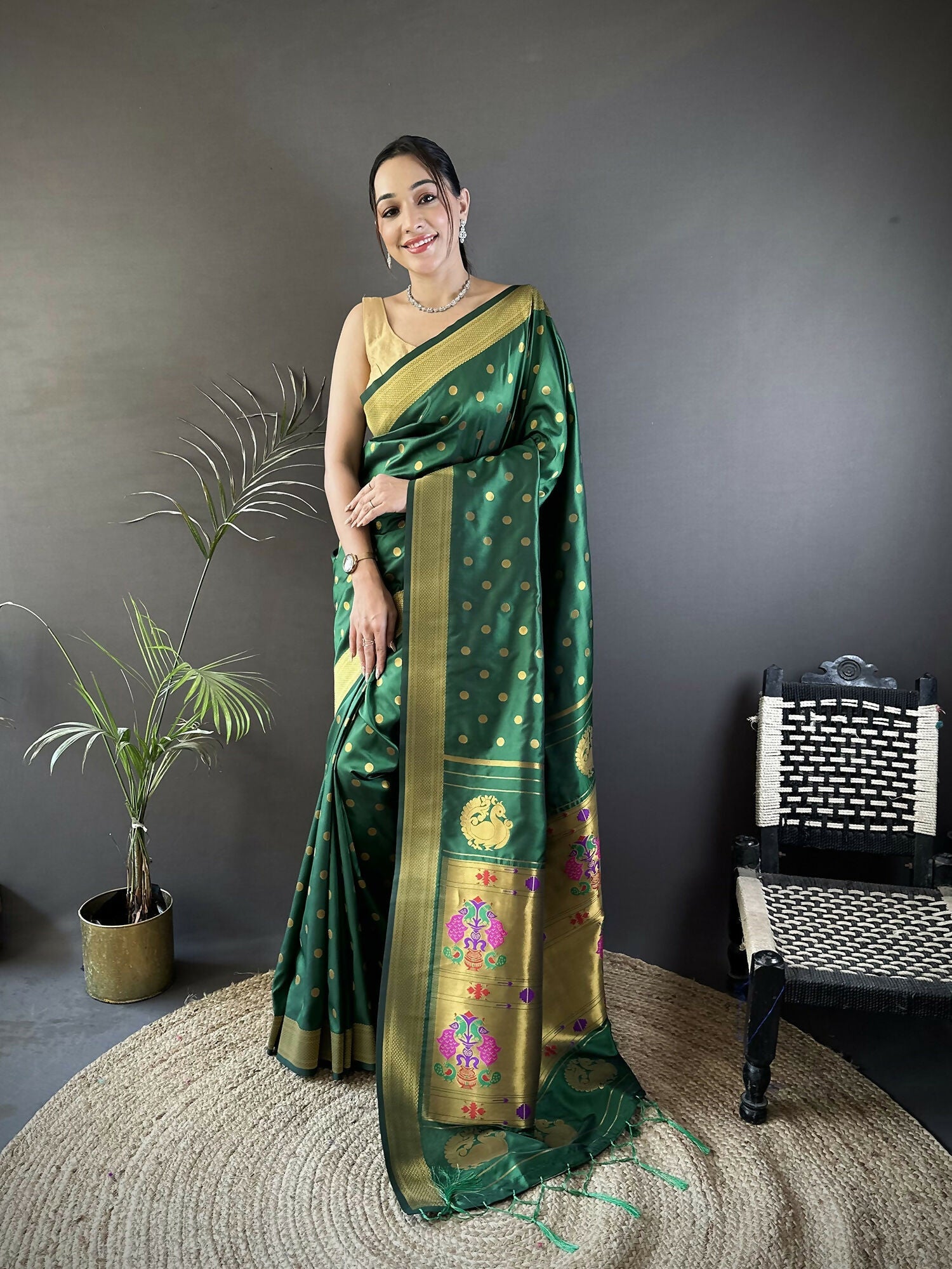Green Lichi silk Paithani saree with polka dot pattern and matching blouse