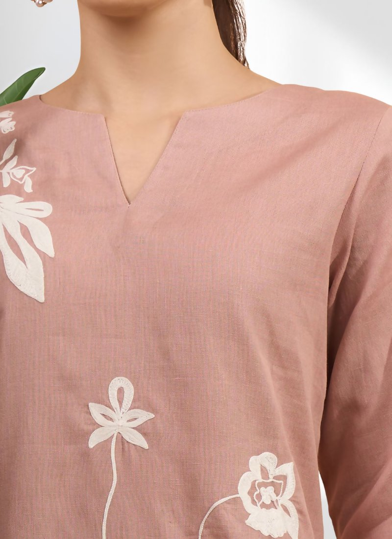 Powder Pink Cotton Linen Embroidered Cord Set with V-Neck Top
