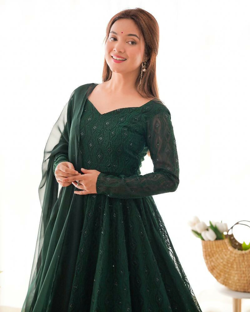 Green Georgette Kurta Set with Sequence Embroidery Work