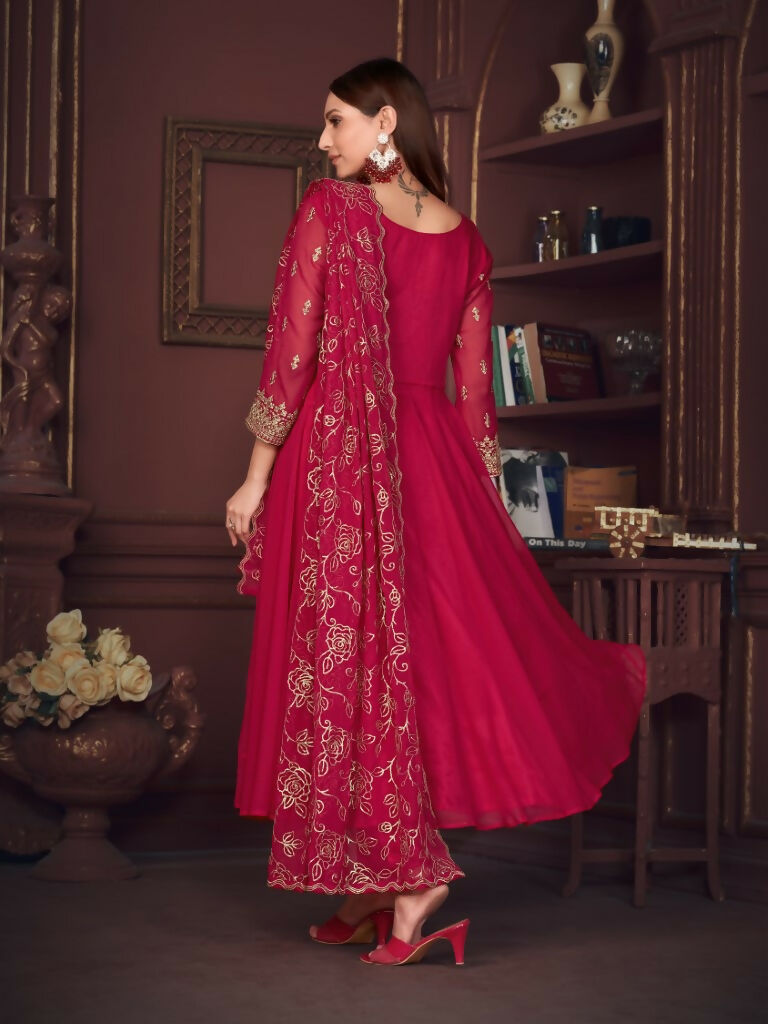 Rani Pink Georgette Embroidered Anarkali Kurta Pant Set with Dupatta