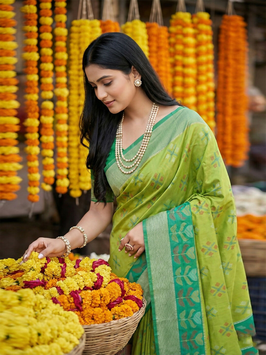 Light Green Pochampally Silk Saree with Matching Blouse