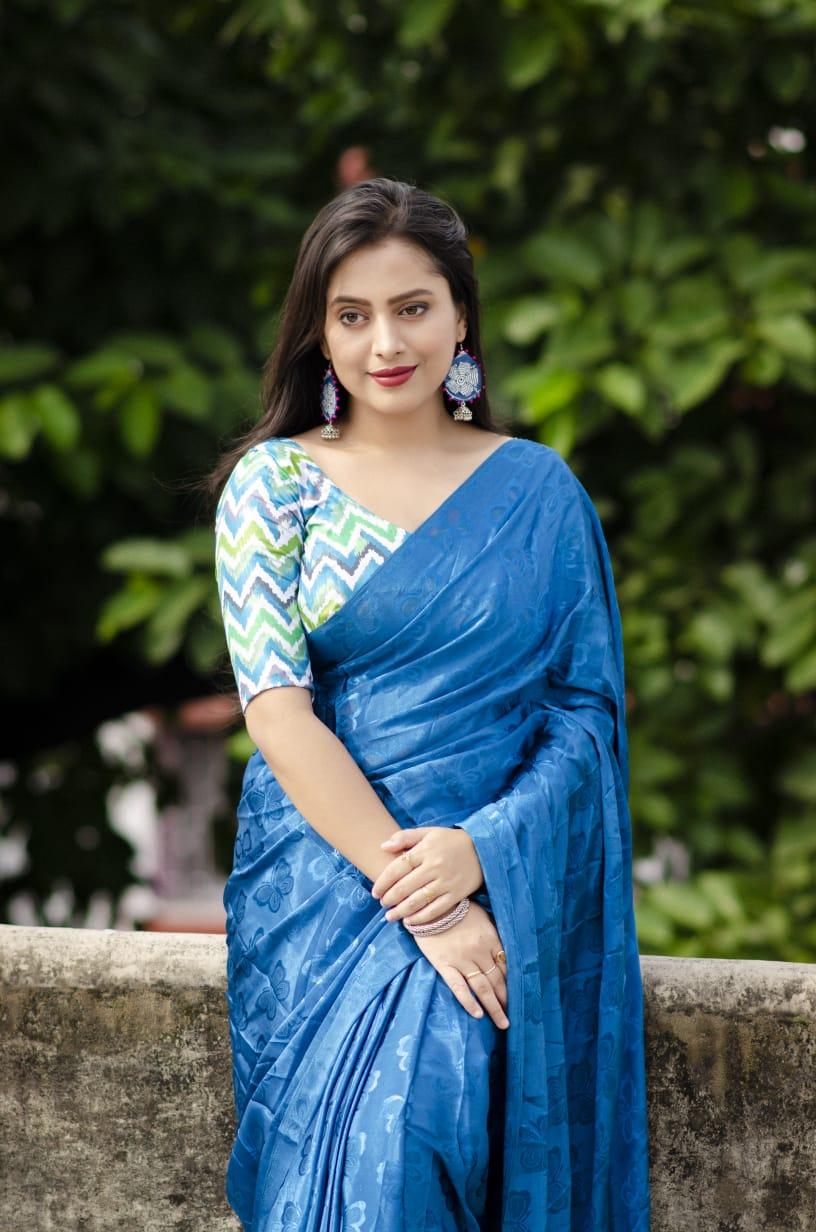 Blue Silk Blend Saree with Butterfly Motif and Printed Blouse