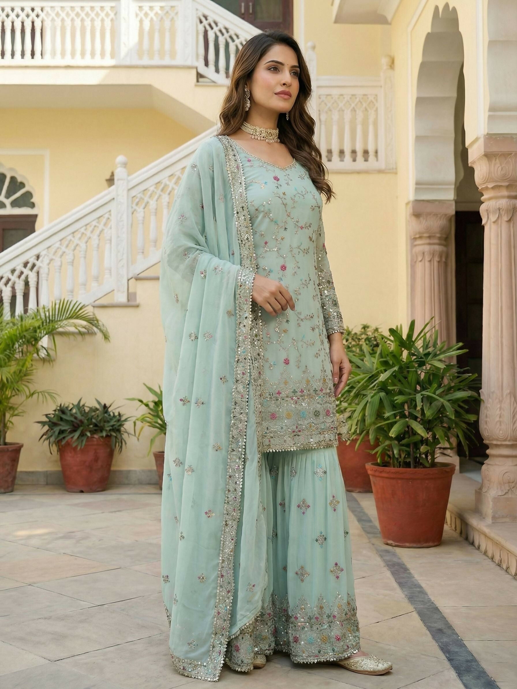 Sky Georgette Embroidered Sharara Set - Stitched Ethnic Outfit