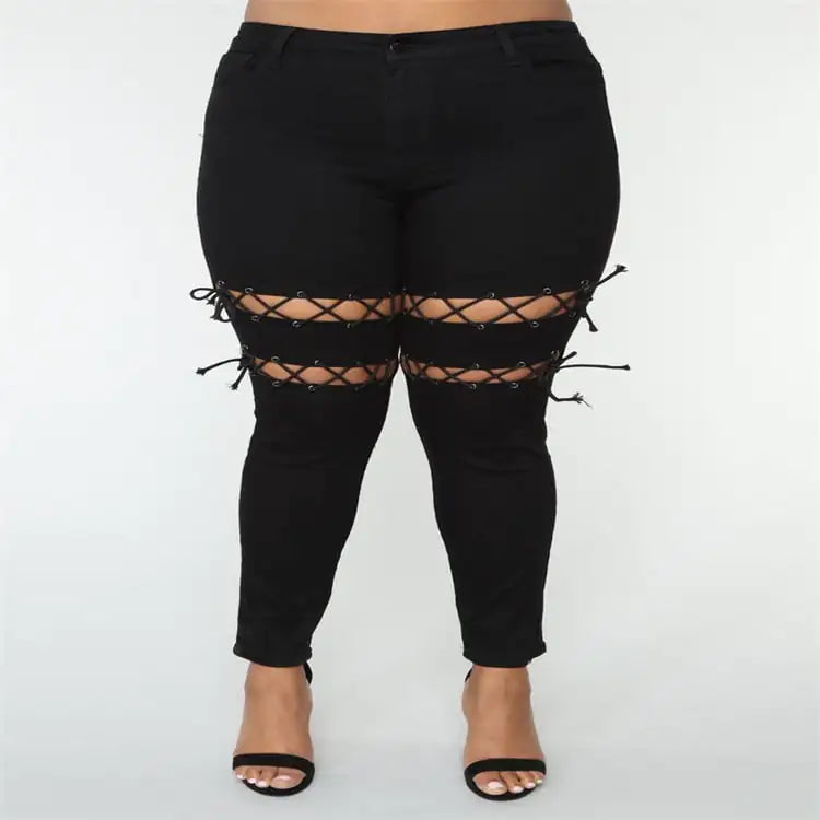 Women's Black Eyelet Lace-Up Detail Skinny Jeans - Image 4