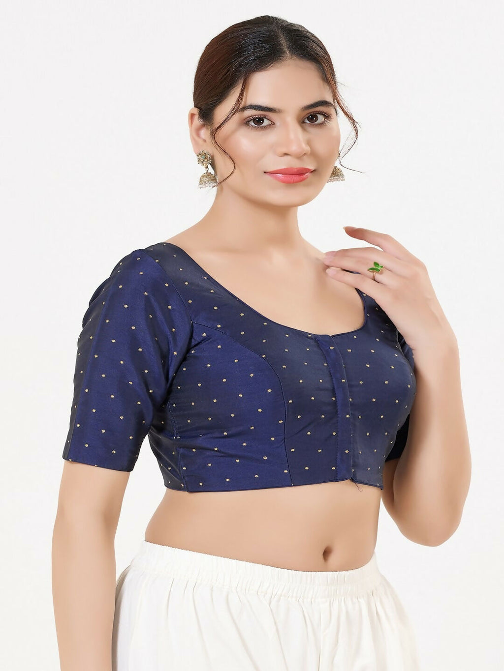 Navy Blue Taffeta Silk Sleeveless Front Open Round Neck Blouse