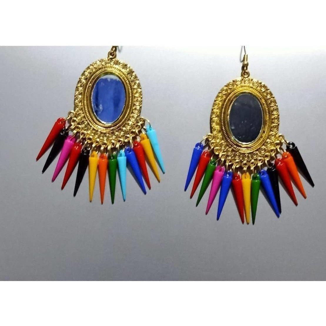 Handmade oxidized brass drop earrings with multicolor tassels and gold tone finish