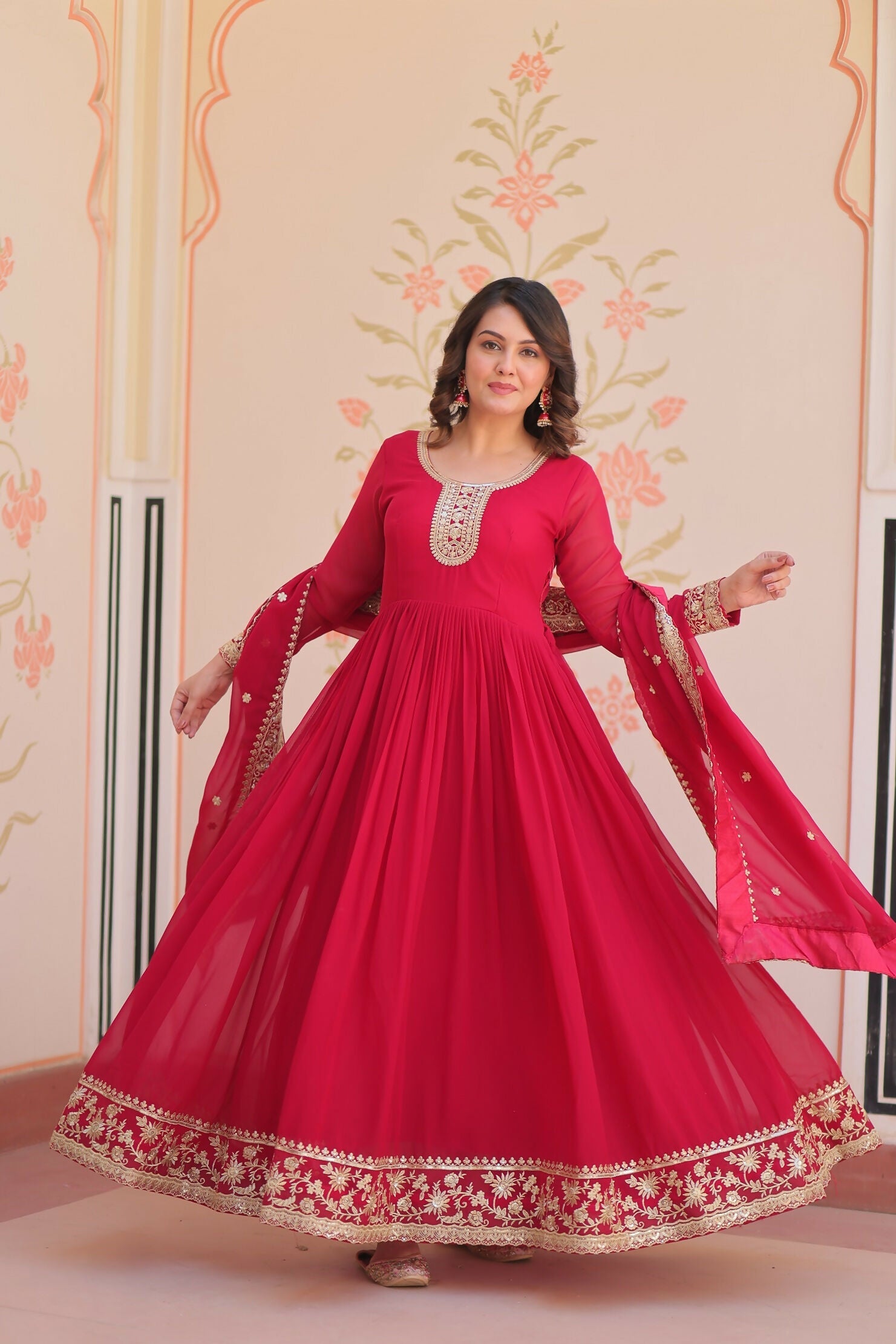 Maroon Georgette Kurta Set Featuring Sequence Embroidery