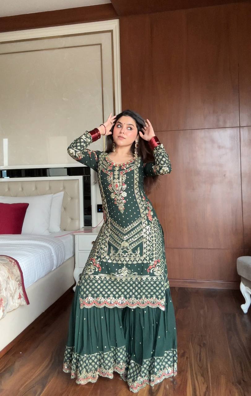 Dark Green Georgette Sequence Embroidered Sharara Suit Set