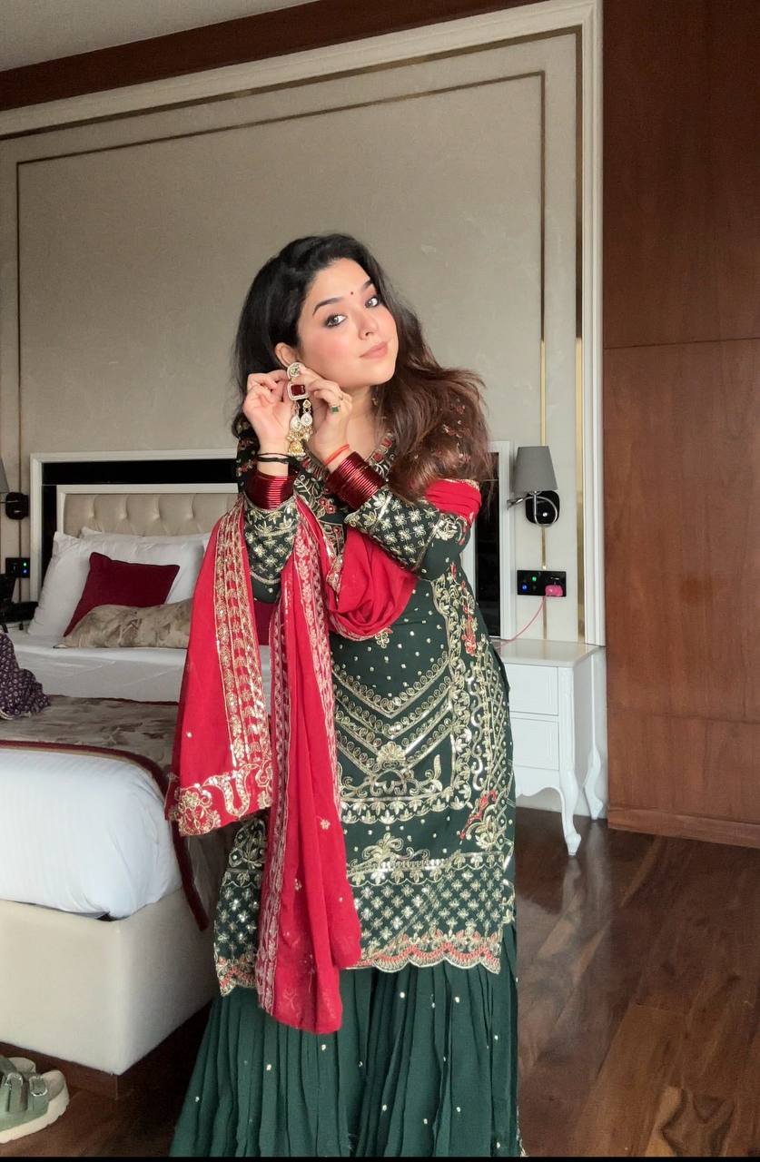 Dark Green Georgette Sequence Embroidered Sharara Suit Set