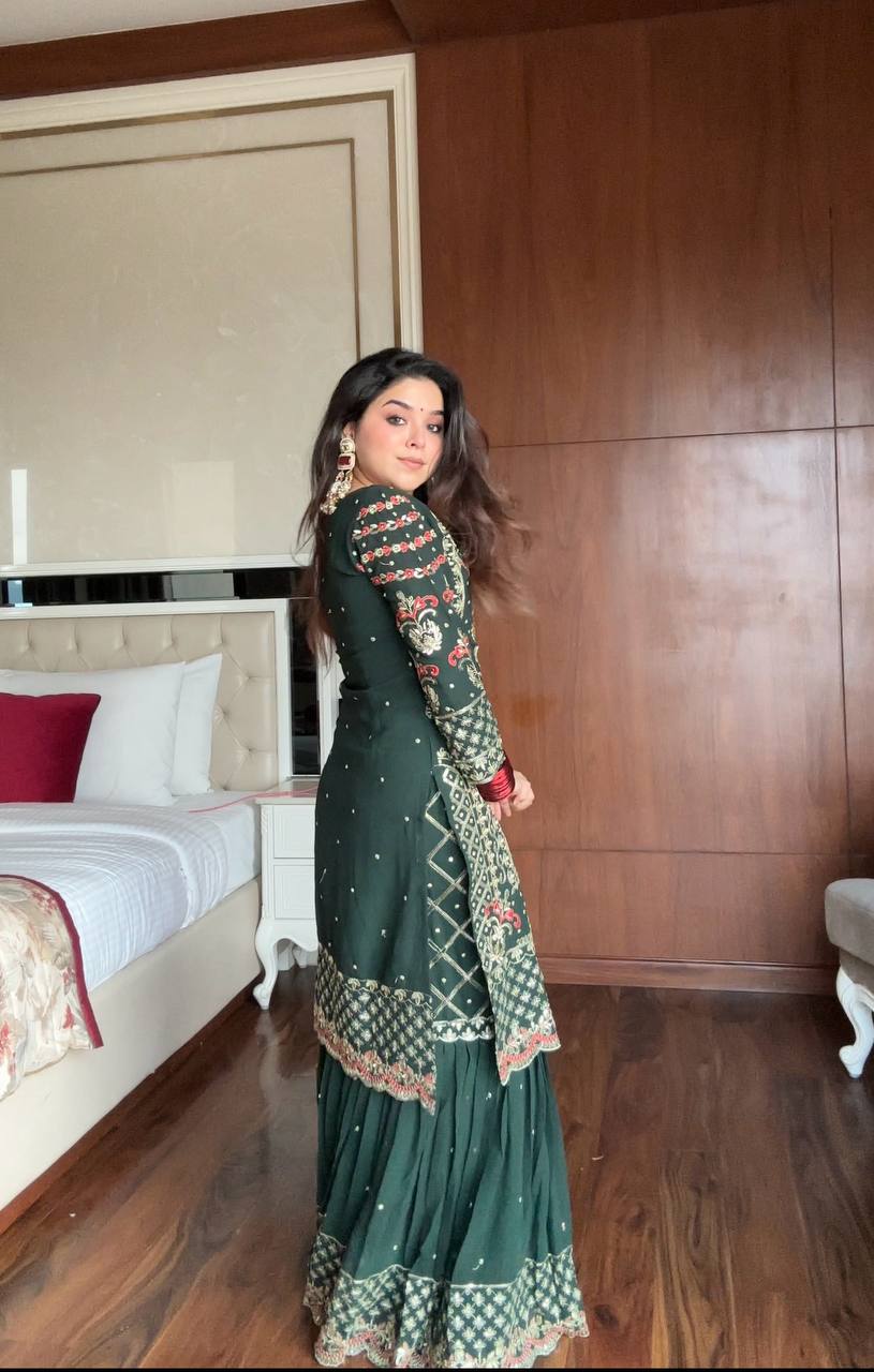 Dark Green Georgette Sequence Embroidered Sharara Suit Set
