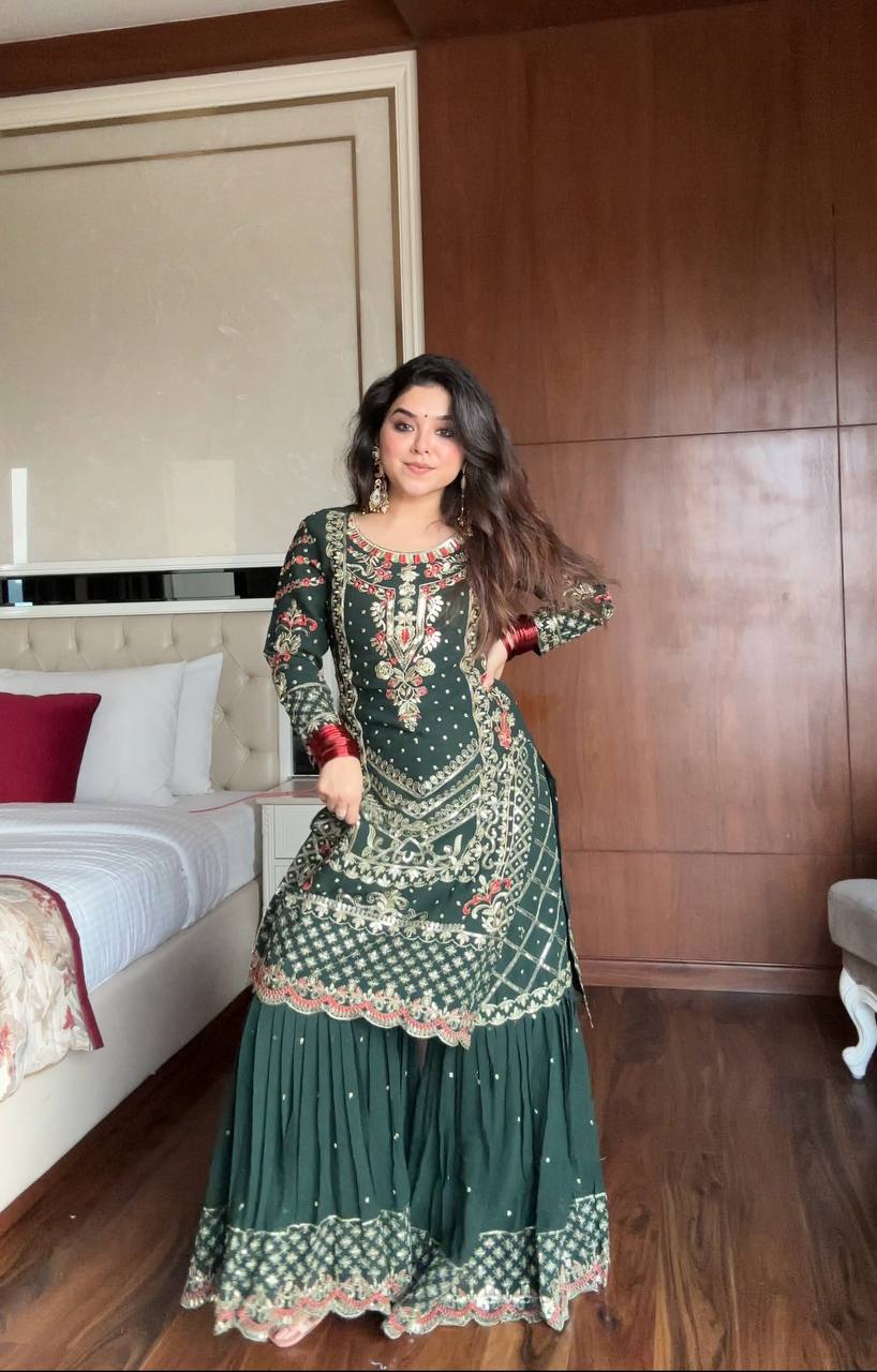 Dark Green Georgette Sharara Suit with intricate sequence embroidery