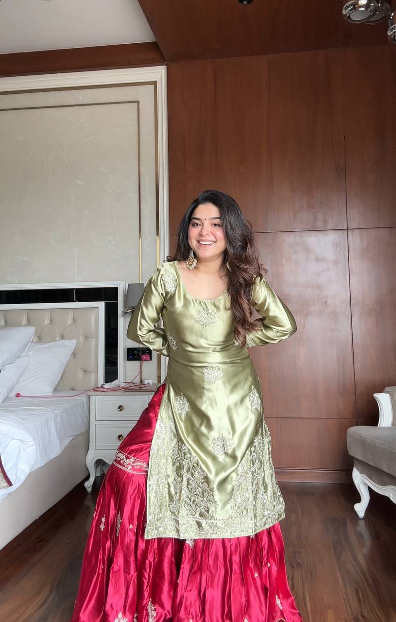 Pista Green Satin Silk Embroidered Sharara Suit Set