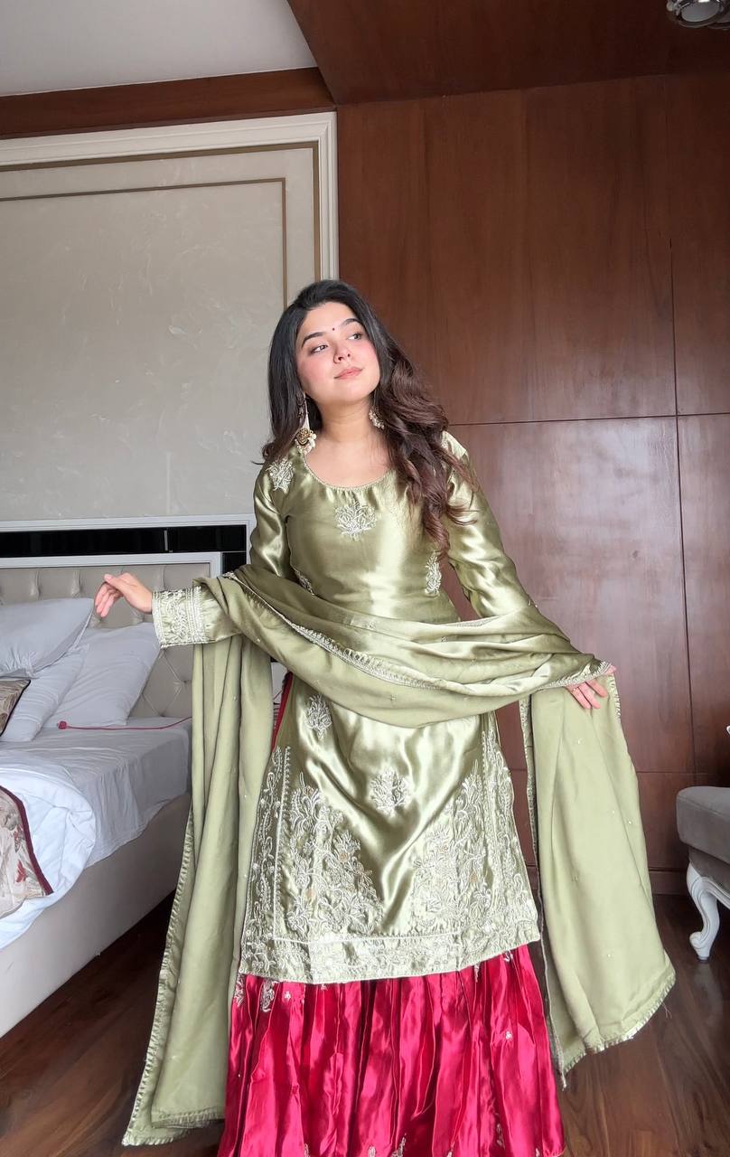 Pista Green Satin Silk Embroidered Sharara Suit Set