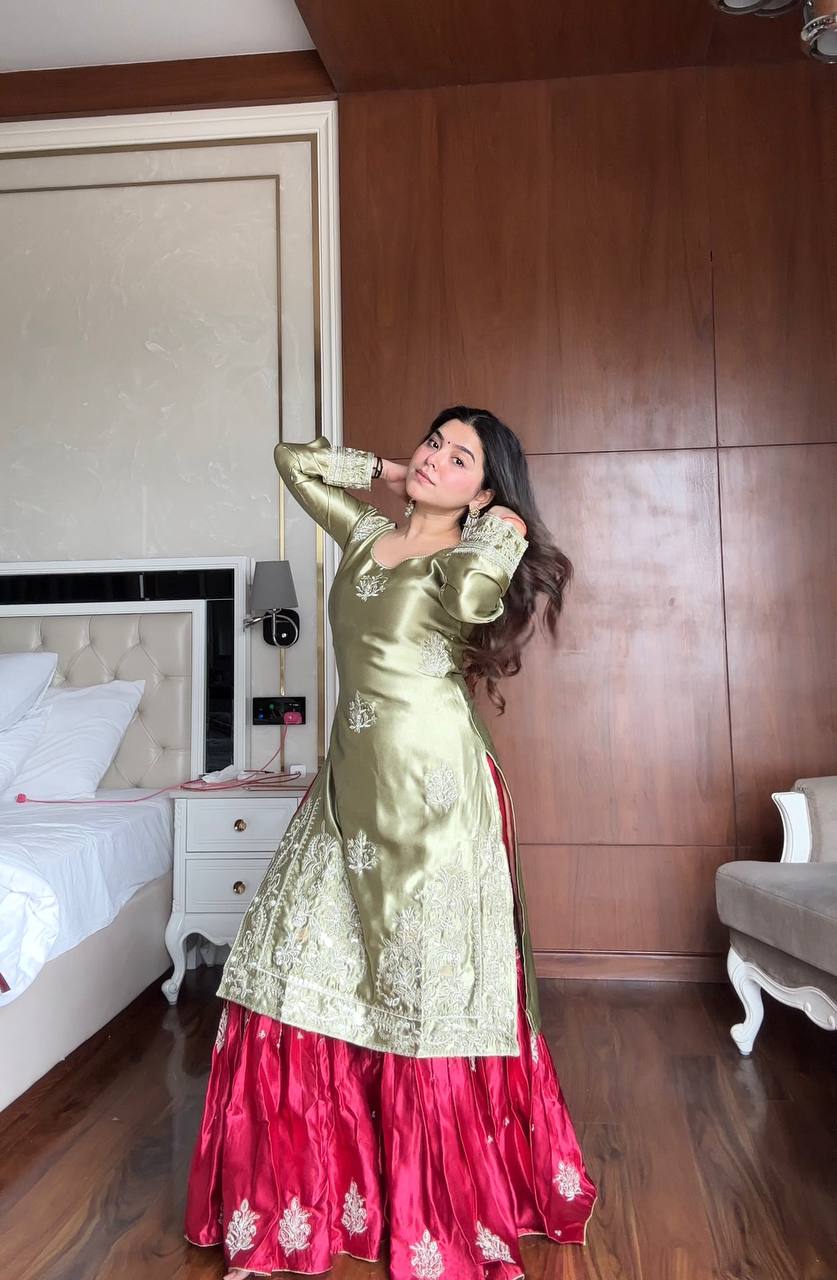 Pista Green Satin Silk Embroidered Sharara Suit Set