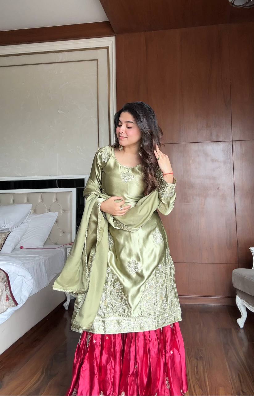 Pista Green Satin Silk embroidered kurti and sharara set with matching dupatta