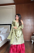 Pista Green Satin Silk embroidered kurti and sharara set with matching dupatta