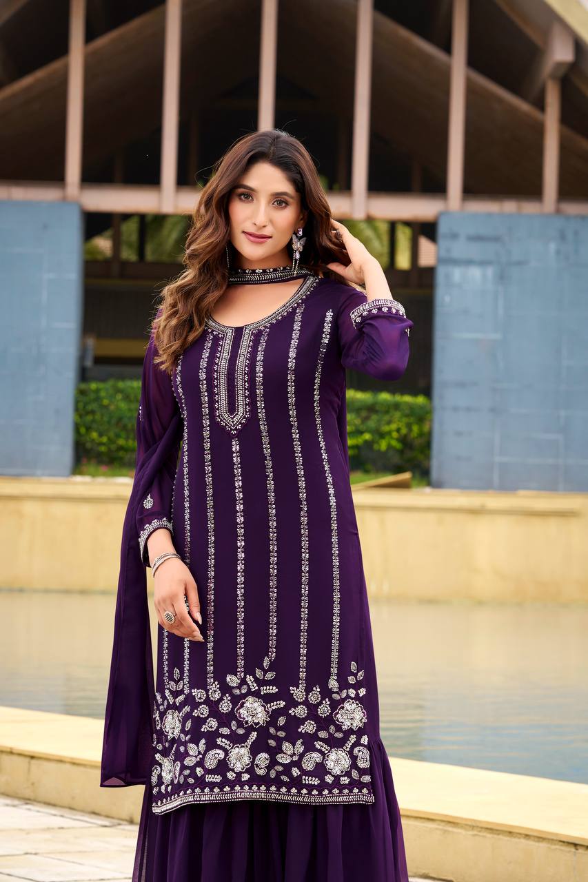 Violet Georgette Beads Work Designer Sharara Suit for Women