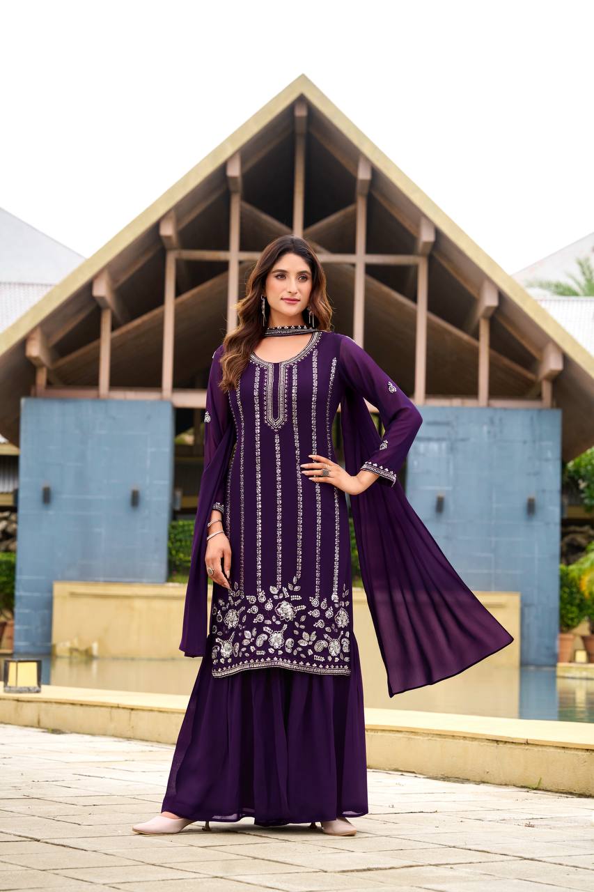 Violet Georgette Beads Work Designer Sharara Suit for Women