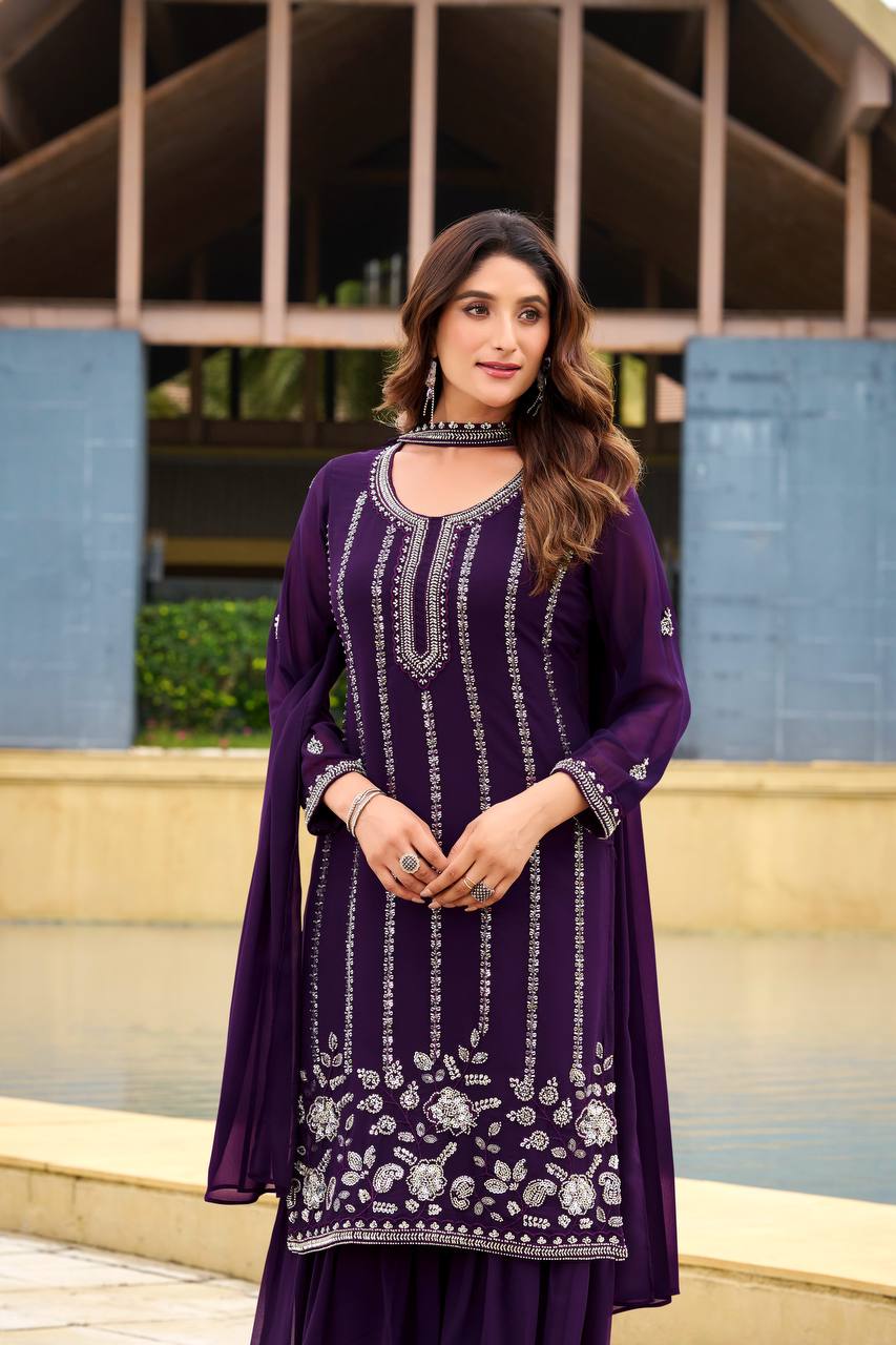 Violet Georgette Beads Work Designer Sharara Suit for Women