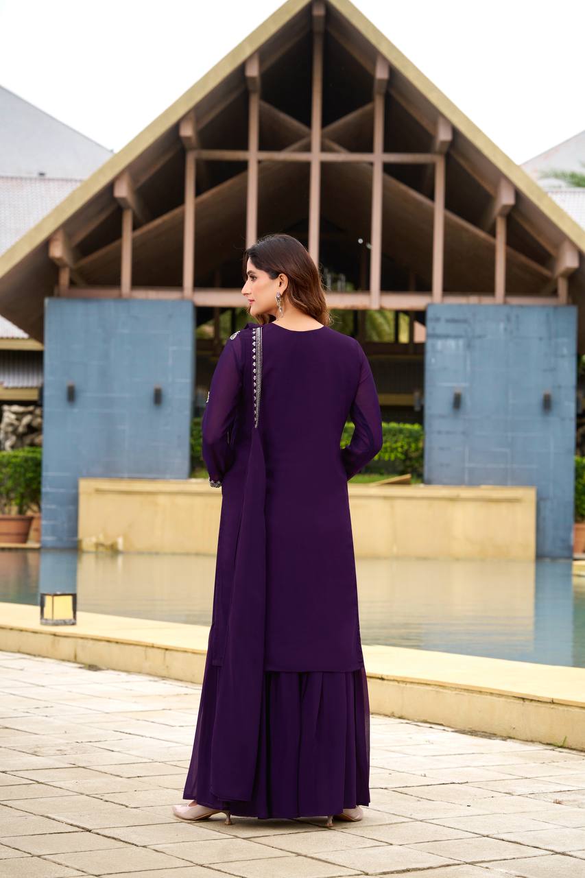Violet Georgette Beads Work Designer Sharara Suit for Women