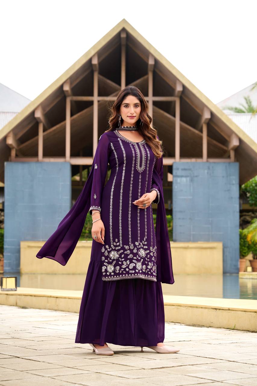 Violet georgette sharara suit featuring intricate silver beadwork and embroidery