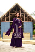 Violet georgette sharara suit featuring intricate silver beadwork and embroidery