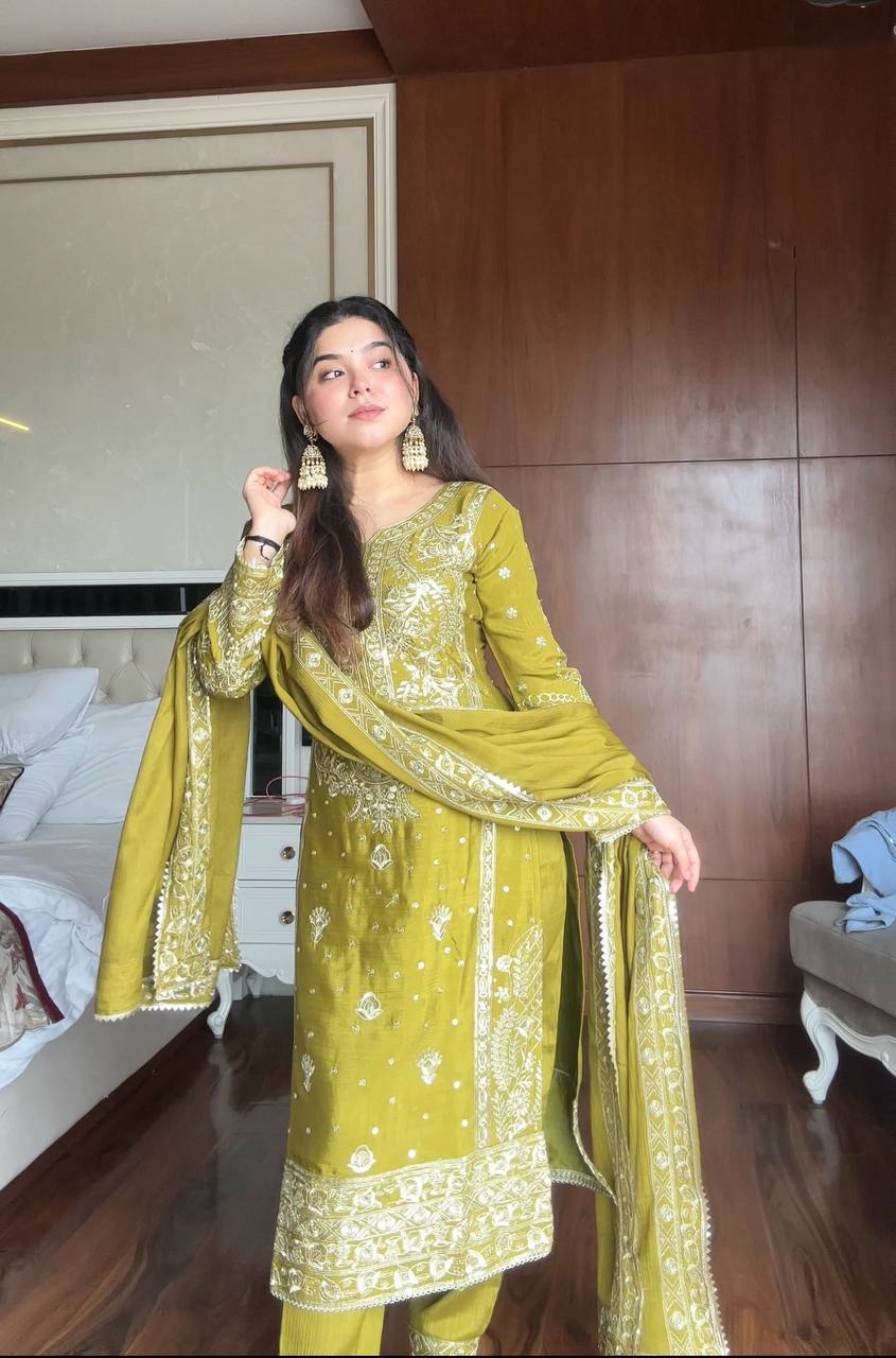 Lime Green Chinon Silk Embroidered Salwar Suit Set for Women