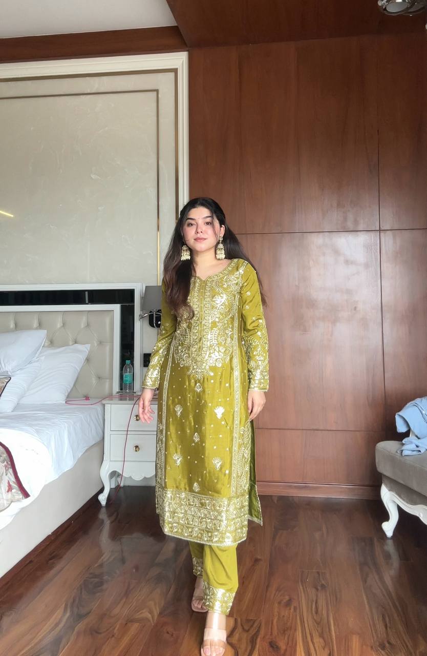 Lime Green Chinon Silk Embroidered Salwar Suit Set for Women