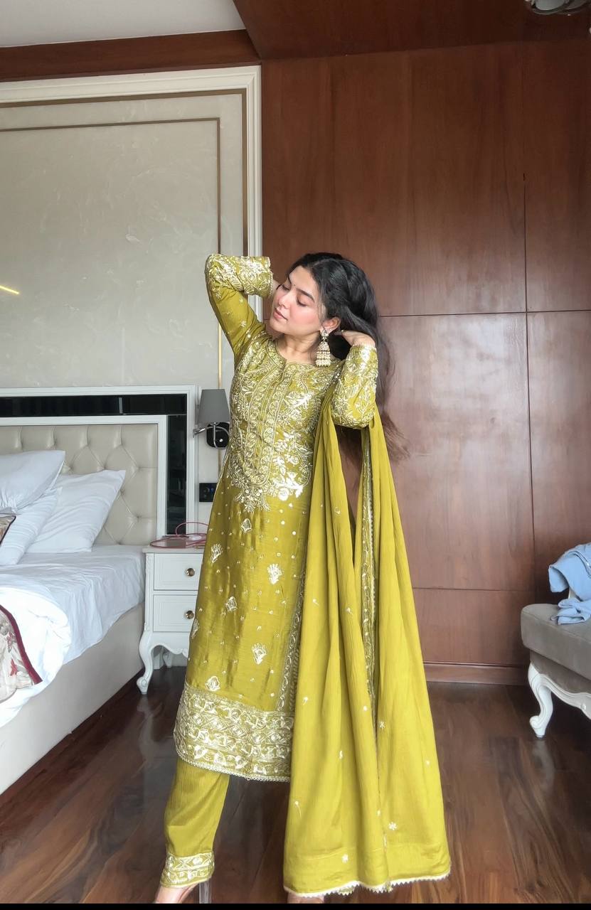 Lime Green Chinon Silk Embroidered Salwar Suit Set for Women