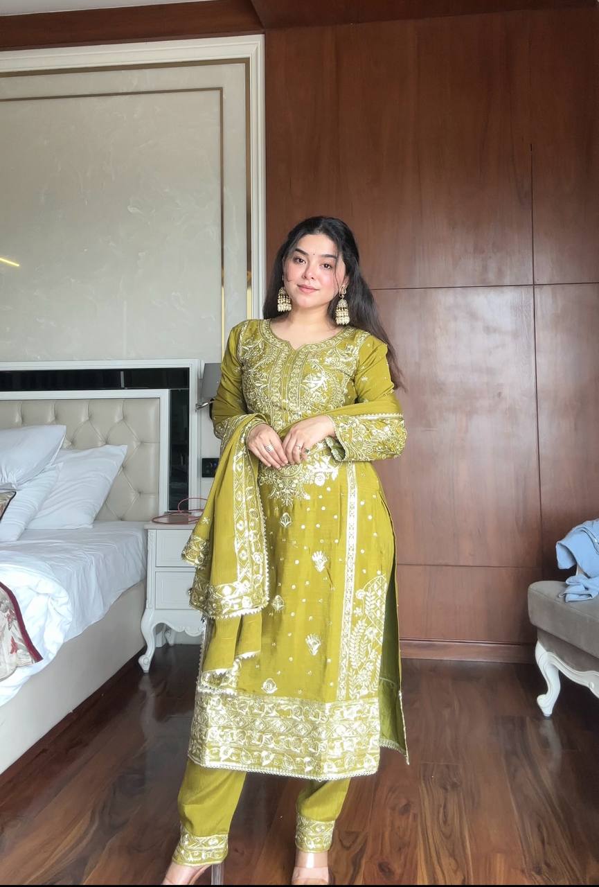 Lime Green Chinon Silk Salwar Suit with intricate sequence embroidery and lace border detail