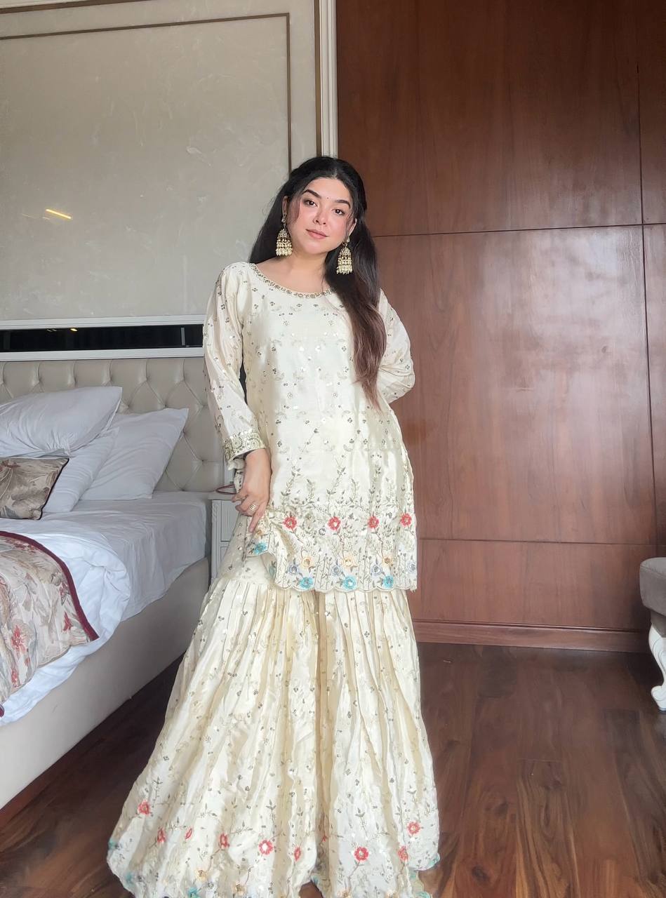 Off White Chinon Silk Embroidered Sharara Suit Set