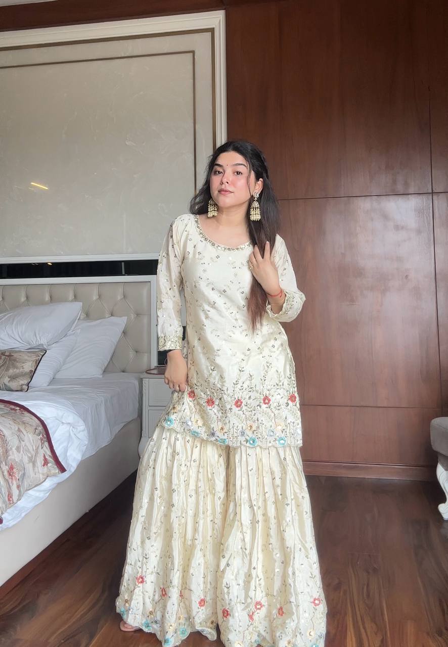 Off White Chinon Silk Embroidered Sharara Suit Set