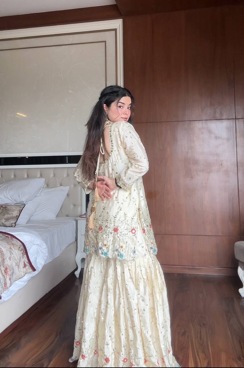 Off White Chinon Silk Embroidered Sharara Suit Set