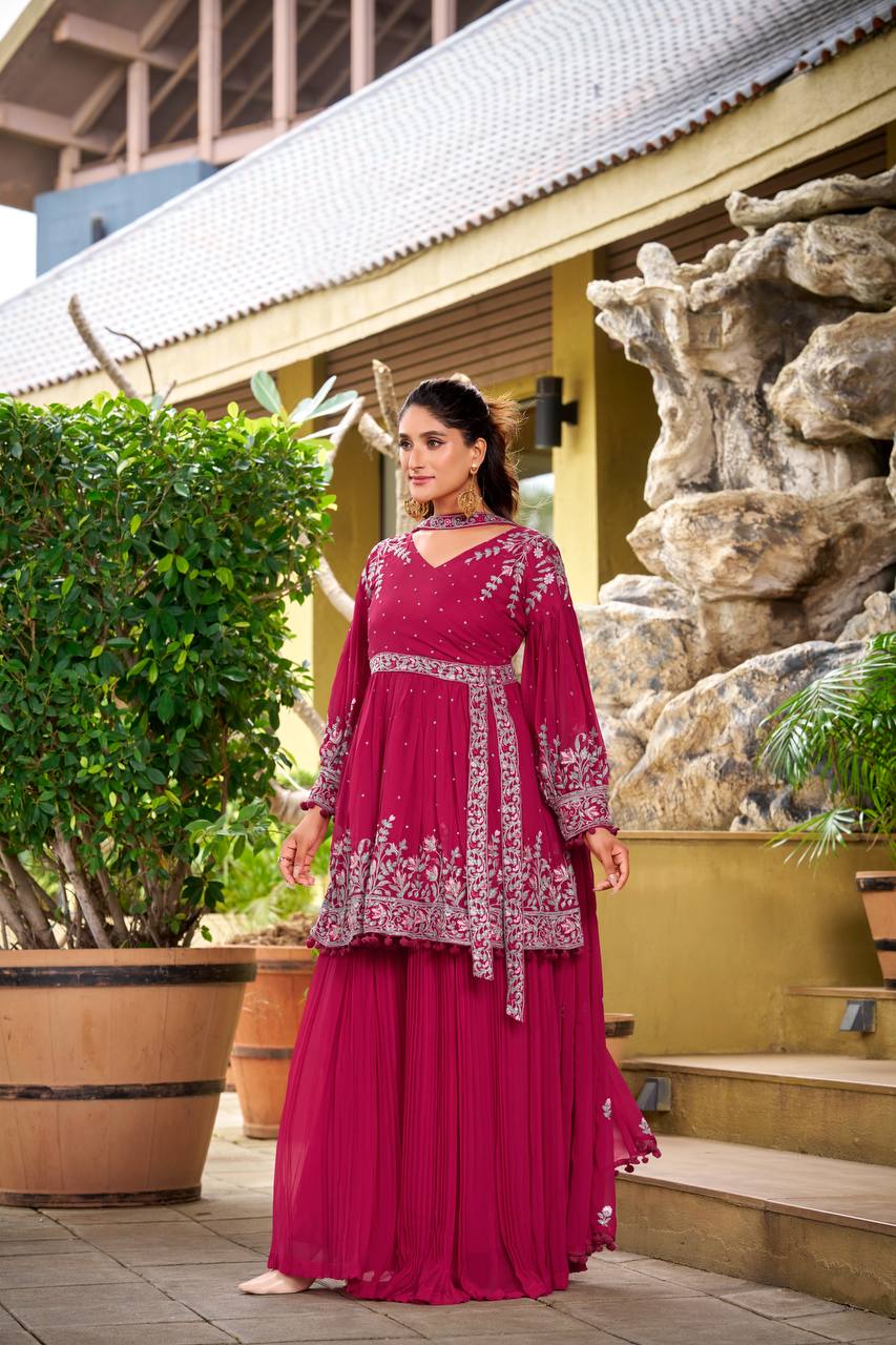 Pink Georgette Embroidered Designer Palazzo Suit Set for Women