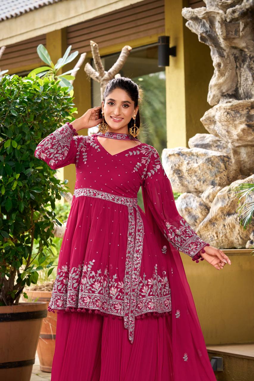 Pink Georgette Embroidered Designer Palazzo Suit Set for Women