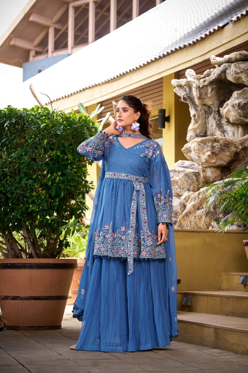 Prazu Fashion Dark Lavender Chinon Silk Embroidered Sharara Suit