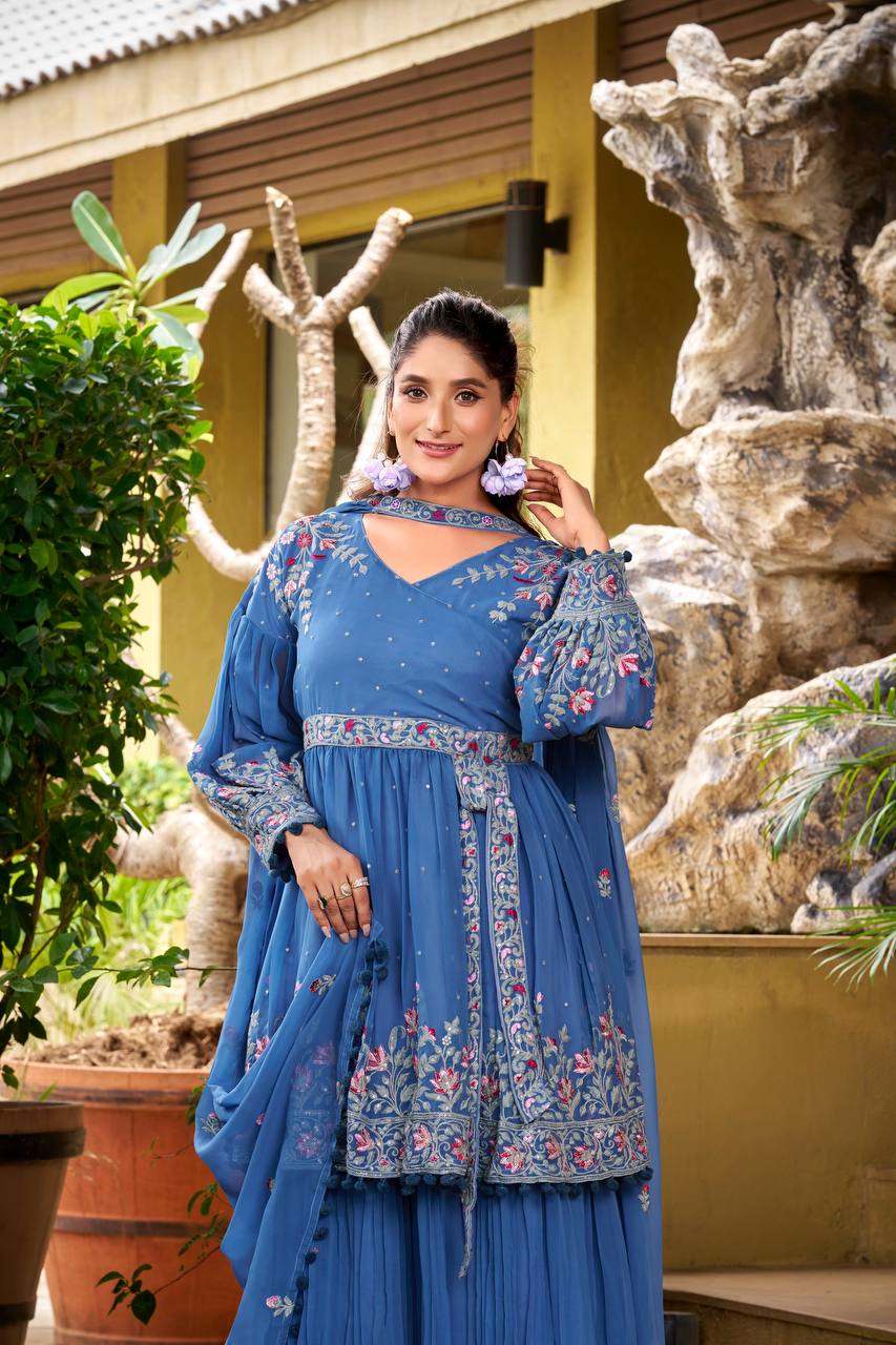 Prazu Fashion Dark Sky Blue Georgette Embroidered Designer Palazzo Suit