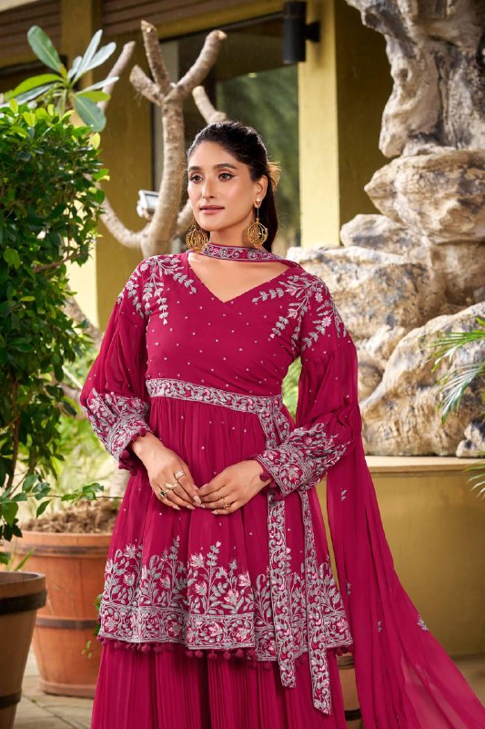 Pink Georgette Embroidered Designer Palazzo Suit Set for Women