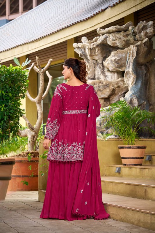 Pink Georgette Embroidered Designer Palazzo Suit Set for Women