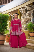 Prazu Fashion pink georgette embroidered designer kurti paired with crushed palazzo and dupatta
